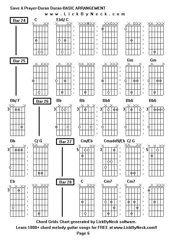 Chord Grids Chart of chord melody fingerstyle guitar song-Save A Prayer-Duran Duran-BASIC ARRANGEMENT,generated by LickByNeck software.